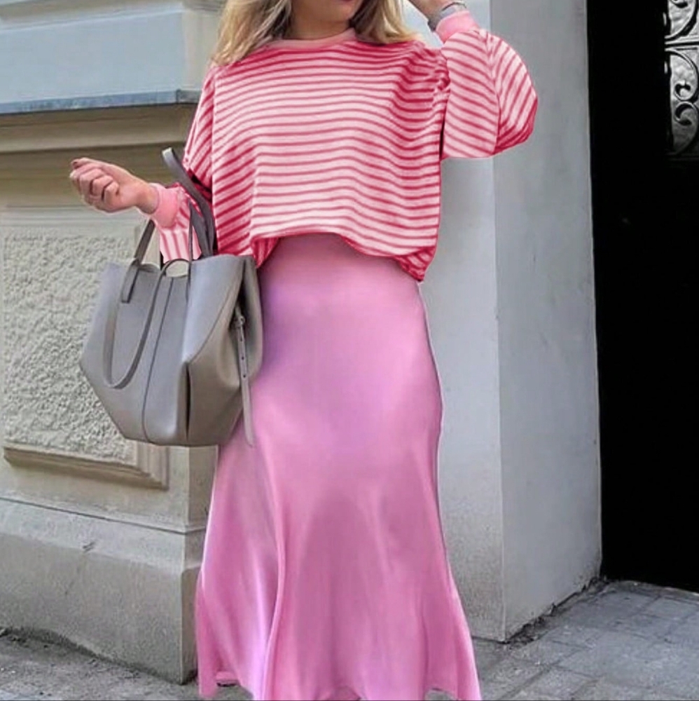 Women's Dropped Shoulder Striped Print Casual Fall Sweatshirt - Picture 2 of 3